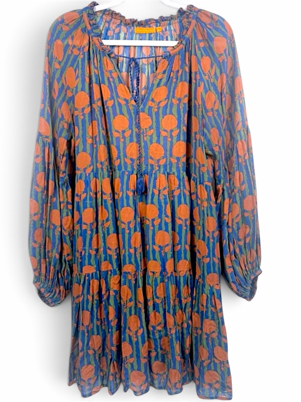 Oliphant Silk Cotton Tie Front Balloon Mini Dress Long Sleeve Tulip Orange - Picture 2 of 13